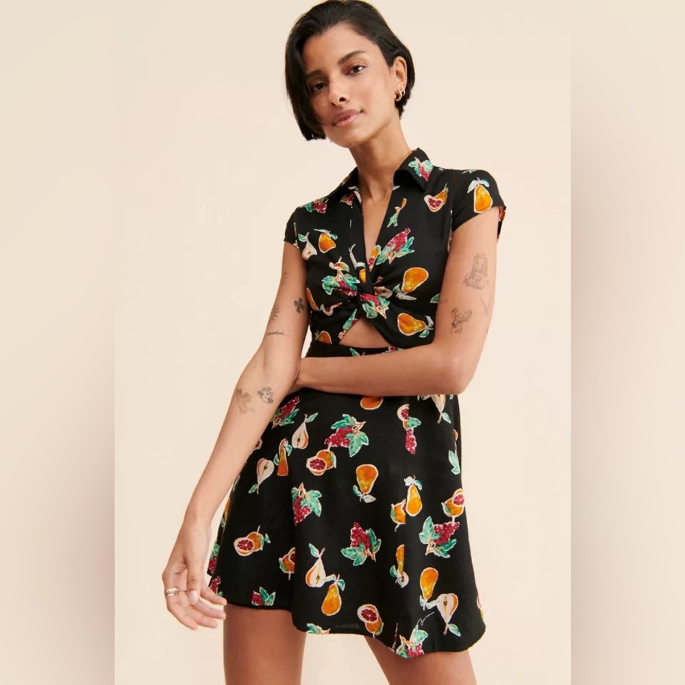 Black Fruit-Print Twist Front Mini Dress